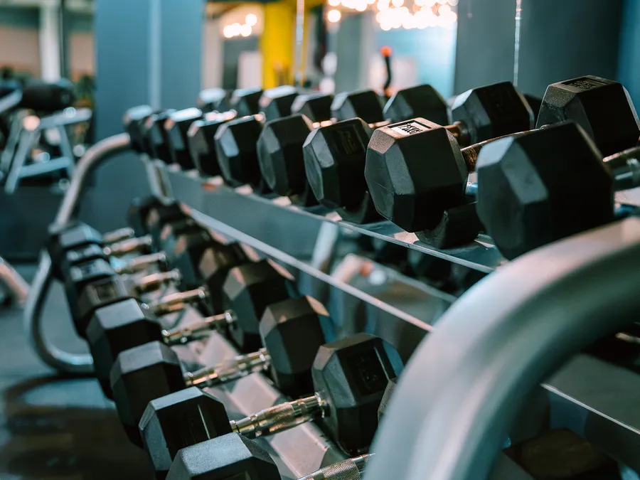 Rastel cu gantere în sala de forță de la Eden Combat Academy din Brașov